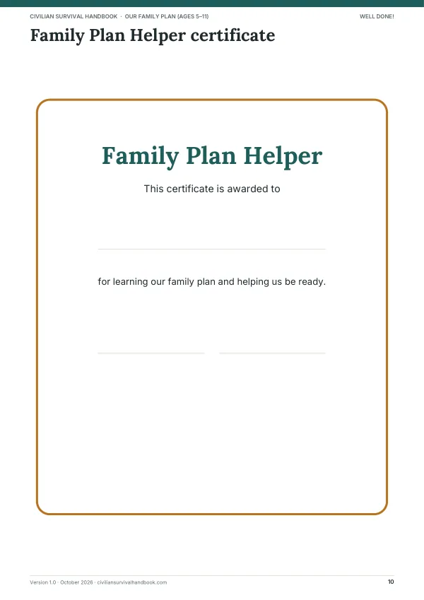 Page 10 of the Our Family Plan — kids' activity pack
