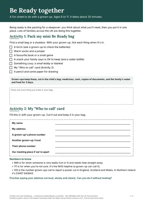 Page 1 of the free Be Ready together activity sheet for children