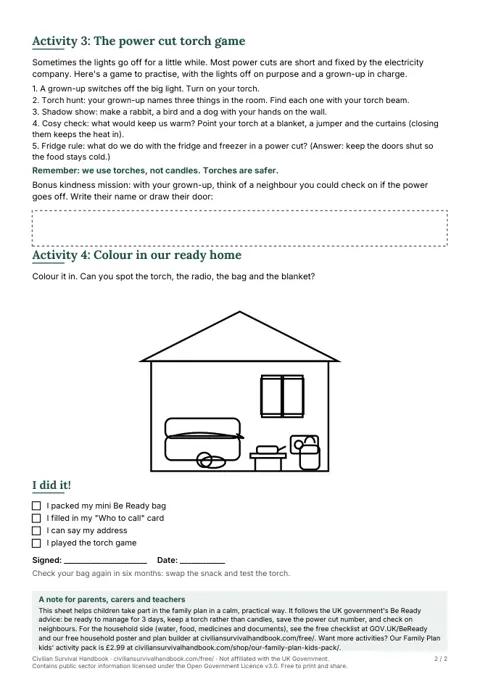 Page 2: the power cut torch game and a picture to colour
