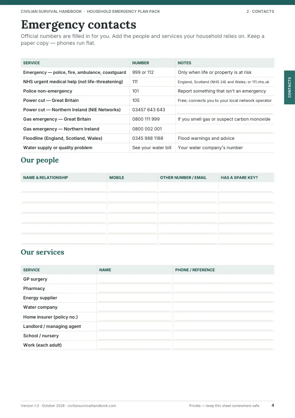 Plan Pack page 4: Emergency contacts