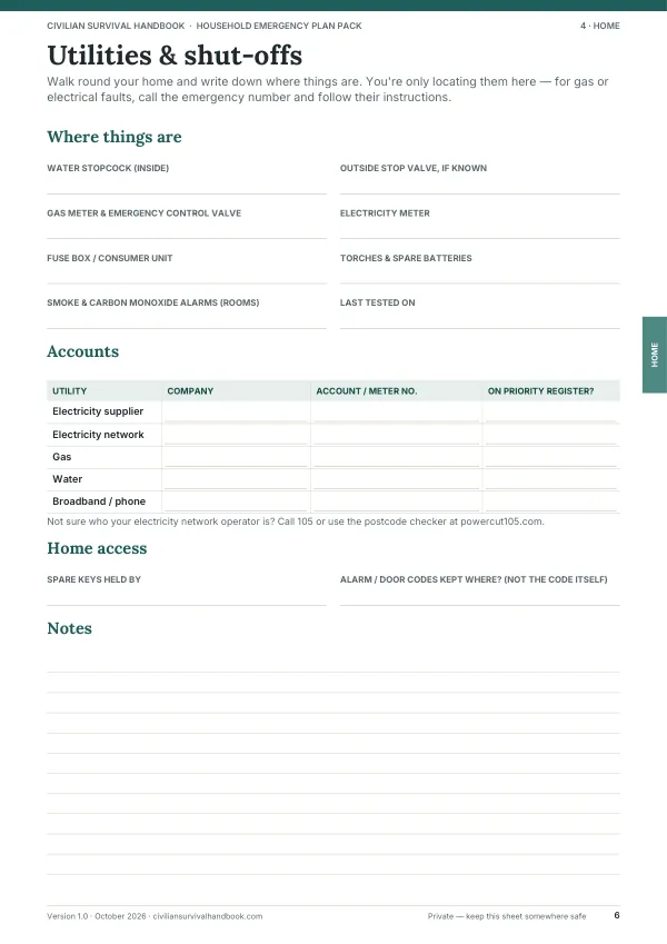 Plan Pack page 6: Utilities & shut-offs